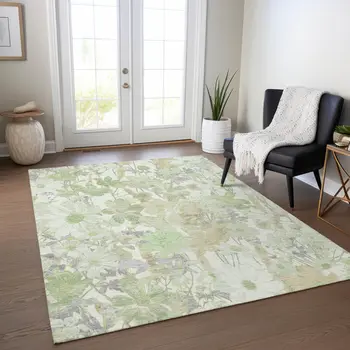 10' X 14' Artichoke Green Lavender And Beige Floral Washable Indoor Outdoor Area Rug