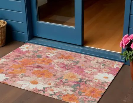 3' X 5' Blush Pink And Orange Floral Washable Indoor Outdoor Area Rug