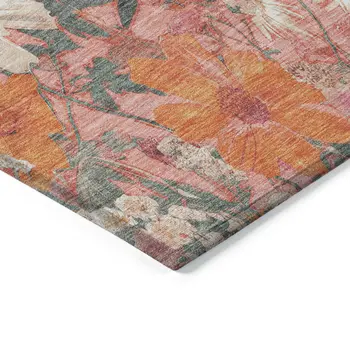 3' X 5' Blush Pink And Orange Floral Washable Indoor Outdoor Area Rug