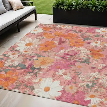 5' X 8' Blush Pink And Orange Floral Washable Indoor Outdoor Area Rug