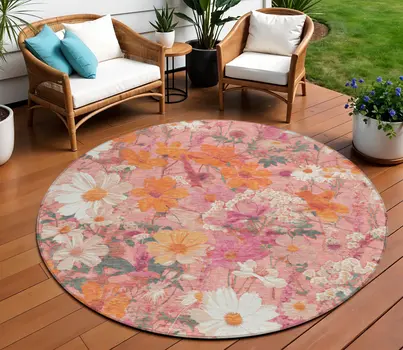 8' Blush Pink And Orange Round Floral Washable Indoor Outdoor Area Rug