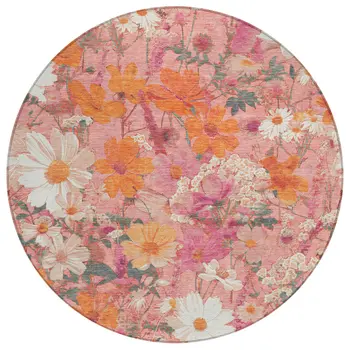 8' Blush Pink And Orange Round Floral Washable Indoor Outdoor Area Rug