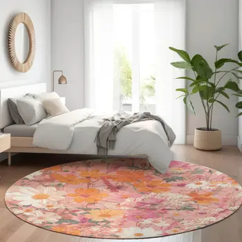 8' Blush Pink And Orange Round Floral Washable Indoor Outdoor Area Rug