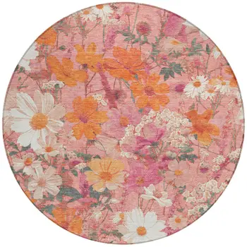8' Blush Pink And Orange Round Floral Washable Indoor Outdoor Area Rug
