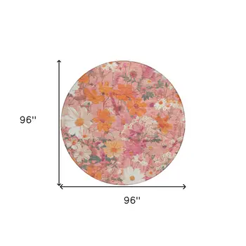 8' Blush Pink And Orange Round Floral Washable Indoor Outdoor Area Rug