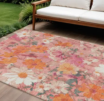 8' X 10' Blush Pink And Orange Floral Washable Indoor Outdoor Area Rug