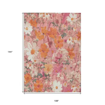9' X 12' Blush Pink And Orange Floral Washable Indoor Outdoor Area Rug