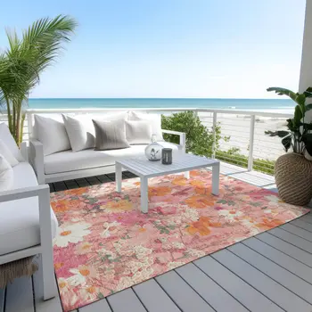 9' X 12' Blush Pink And Orange Floral Washable Indoor Outdoor Area Rug