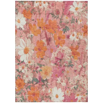 9' X 12' Blush Pink And Orange Floral Washable Indoor Outdoor Area Rug