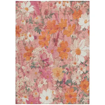 10' X 14' Blush Pink And Orange Floral Washable Indoor Outdoor Area Rug