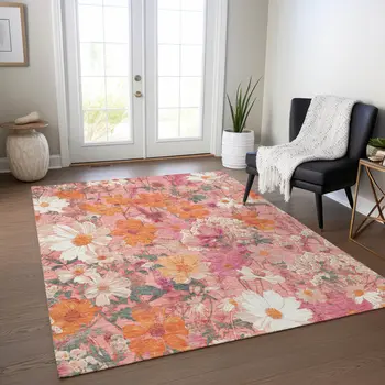 10' X 14' Blush Pink And Orange Floral Washable Indoor Outdoor Area Rug