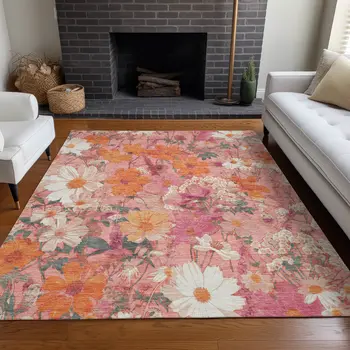 10' X 14' Blush Pink And Orange Floral Washable Indoor Outdoor Area Rug