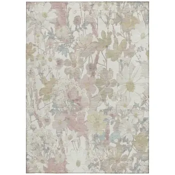 3' X 5' Ivory Beige And Linen Floral Washable Indoor Outdoor Area Rug