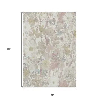 3' X 5' Ivory Beige And Linen Floral Washable Indoor Outdoor Area Rug