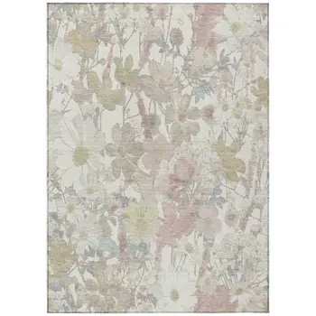 3' X 5' Ivory Beige And Linen Floral Washable Indoor Outdoor Area Rug