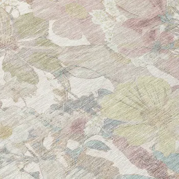 3' X 5' Ivory Beige And Linen Floral Washable Indoor Outdoor Area Rug