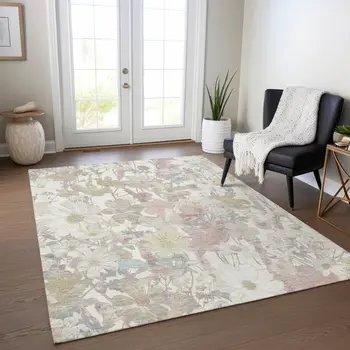 3' X 5' Ivory Beige And Linen Floral Washable Indoor Outdoor Area Rug