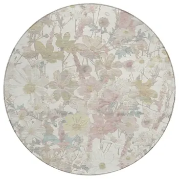 8' Ivory Beige And Linen Round Floral Washable Indoor Outdoor Area Rug