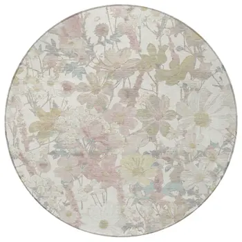 8' Ivory Beige And Linen Round Floral Washable Indoor Outdoor Area Rug