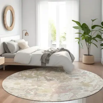 8' Ivory Beige And Linen Round Floral Washable Indoor Outdoor Area Rug