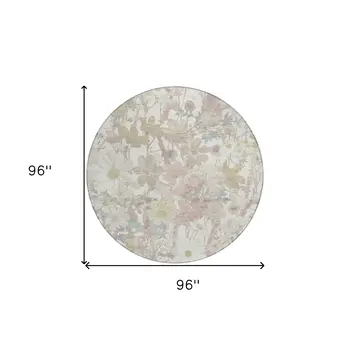 8' Ivory Beige And Linen Round Floral Washable Indoor Outdoor Area Rug