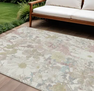 8' X 10' Ivory Beige And Linen Floral Washable Indoor Outdoor Area Rug