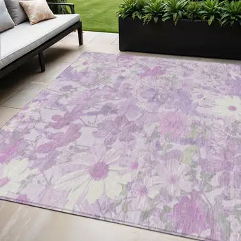 5' X 8' Lavender Purple And Lilac Floral Washable Indoor Outdoor Area Rug