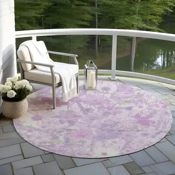 8' Lavender Purple And Lilac Round Floral Washable Indoor Outdoor Area Rug