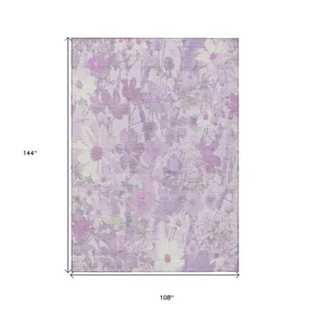 9' X 12' Lavender Purple And Lilac Floral Washable Indoor Outdoor Area Rug