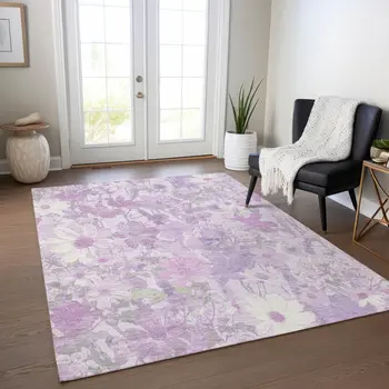 9' X 12' Lavender Purple And Lilac Floral Washable Indoor Outdoor Area Rug