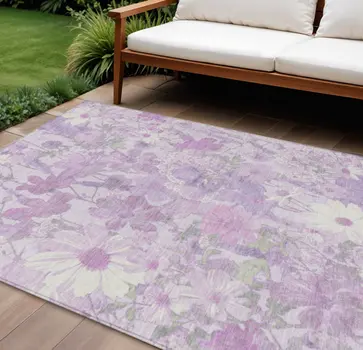 10' X 14' Lavender Purple And Lilac Floral Washable Indoor Outdoor Area Rug