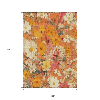 5' X 8' Orange Peach And Salmon Floral Washable Indoor Outdoor Area Rug