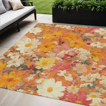 5' X 8' Orange Peach And Salmon Floral Washable Indoor Outdoor Area Rug