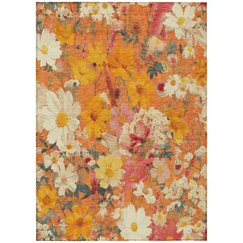 5' X 8' Orange Peach And Salmon Floral Washable Indoor Outdoor Area Rug