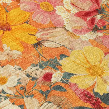 5' X 8' Orange Peach And Salmon Floral Washable Indoor Outdoor Area Rug