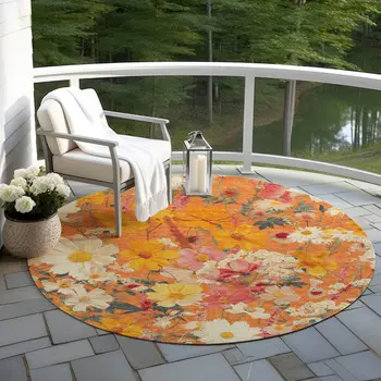 8' Orange Peach And Salmon Round Floral Washable Indoor Outdoor Area Rug