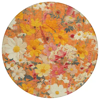 8' Orange Peach And Salmon Round Floral Washable Indoor Outdoor Area Rug