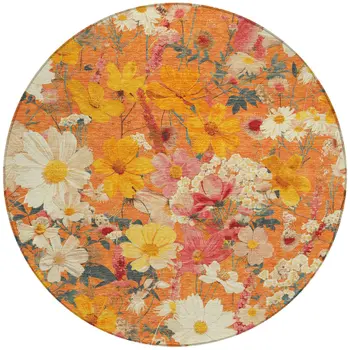 8' Orange Peach And Salmon Round Floral Washable Indoor Outdoor Area Rug