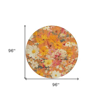 8' Orange Peach And Salmon Round Floral Washable Indoor Outdoor Area Rug