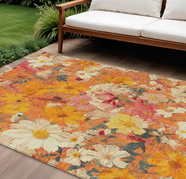 8' X 10' Orange Peach And Salmon Floral Washable Indoor Outdoor Area Rug
