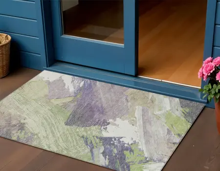 3' X 5' Artichoke Green Fern Green And Lilac Abstract Washable Indoor Outdoor Area Rug