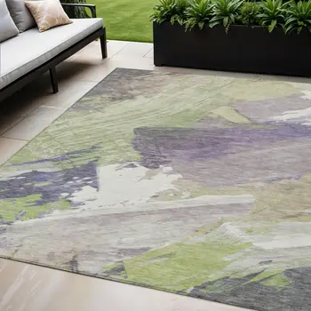 5' X 8' Artichoke Green Fern Green And Lilac Abstract Washable Indoor Outdoor Area Rug