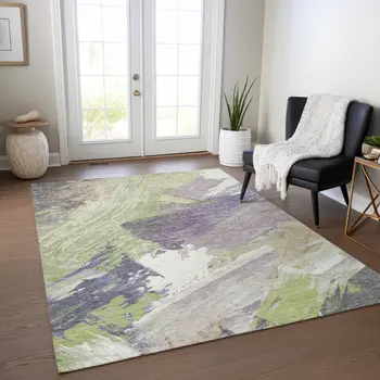 5' X 8' Artichoke Green Fern Green And Lilac Abstract Washable Indoor Outdoor Area Rug