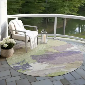 8' Artichoke Green Fern Green And Lilac Round Abstract Washable Indoor Outdoor Area Rug