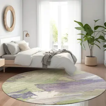 8' Artichoke Green Fern Green And Lilac Round Abstract Washable Indoor Outdoor Area Rug