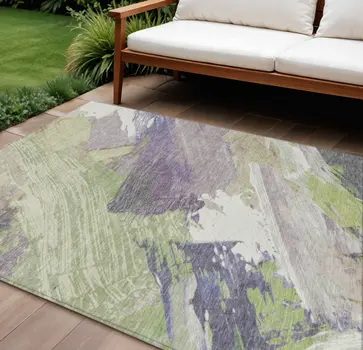 9' X 12' Artichoke Green Fern Green And Lilac Abstract Washable Indoor Outdoor Area Rug