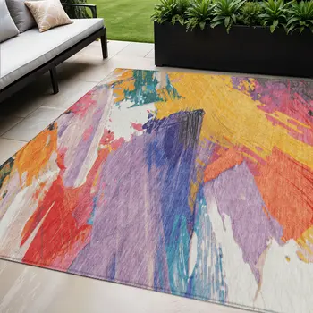 5' X 8' Gold Purple And Teal Blue Abstract Washable Indoor Outdoor Area Rug