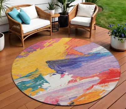 8' Gold Purple And Teal Blue Round Abstract Washable Indoor Outdoor Area Rug