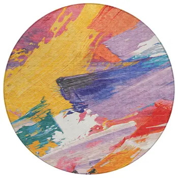 8' Gold Purple And Teal Blue Round Abstract Washable Indoor Outdoor Area Rug