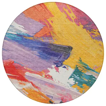 8' Gold Purple And Teal Blue Round Abstract Washable Indoor Outdoor Area Rug
